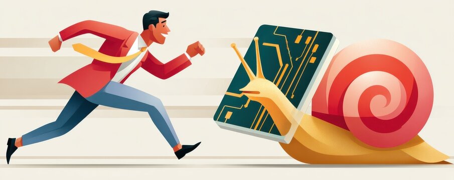 Businessman in red blazer runs, pushing a tech device toward a giant snail, chasing innovation