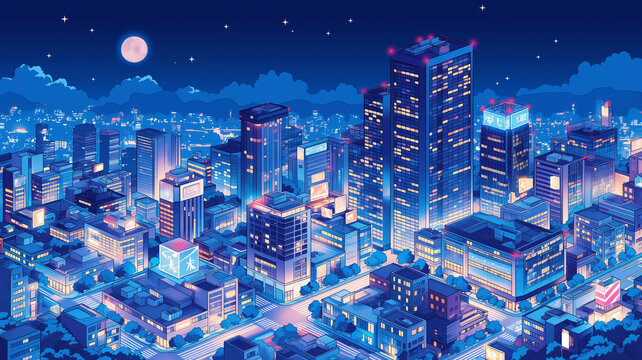 ネオンが輝く夜の都市ビル群を俯瞰視点で描いた未来都市イラスト、都会の夜景と月が浮かぶサイバー風街並み、レトロゲーム、シティポップ、音楽動画背景、配信画面、広告ビジュアルに使える都市素材