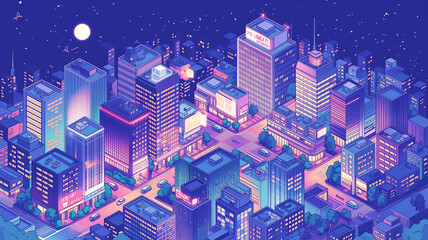 夜空と月に照らされた未来都市のネオン街並みを描いた等角視点イラスト、ビル群が並ぶ都会の夜景、レトロフューチャー、シティポップ、ゲーム背景、動画サムネイル、配信画面、音楽ビジュアル、デジタル都市景観素材