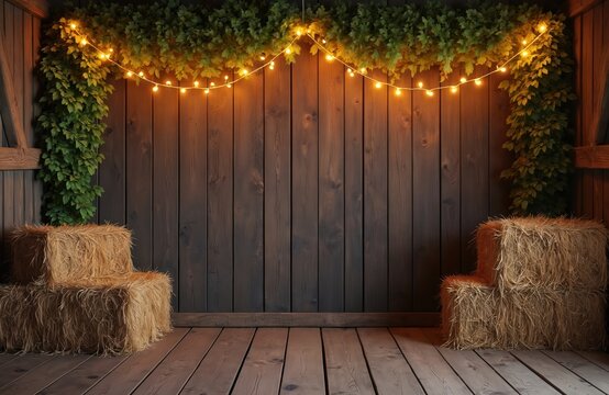 Rustic barn interior with hay bales and ivy garland with warm fairy lights on dark wood plank wall. Empty space for text. Festive country scene.