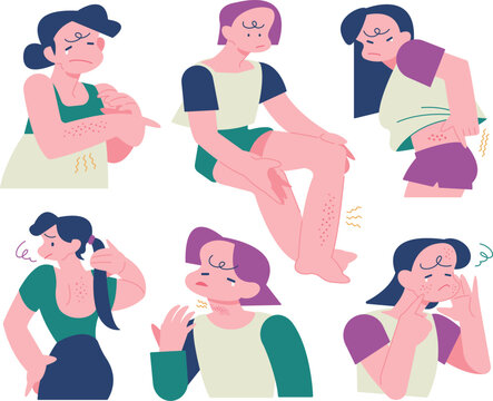 様々な要因で肌が荒れてる女性達のイラスト・Illustration of a woman suffering from skin problems due to various factors
