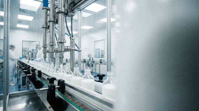 Automated liquid filling machine processing glass bottles with cosmetic lotion on factory production line with workers.