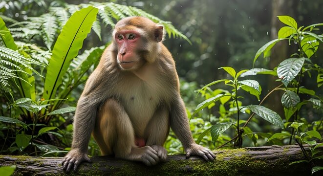 A brown monkey sits thoughtfully on a moss-covered log amidst dense green jungle foliage.