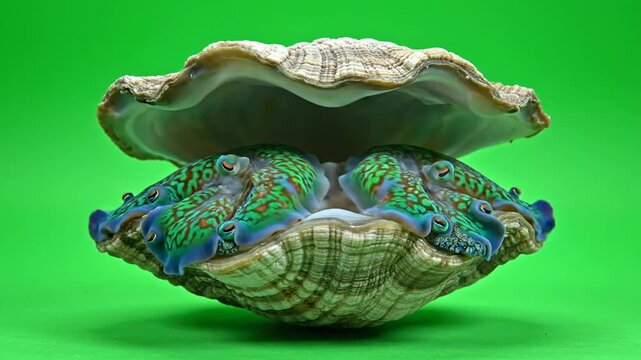 A giant clam with a vibrant green and blue patterned mantle against a solid green background.