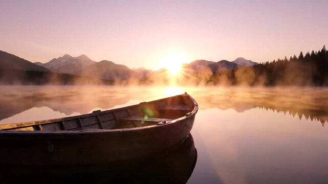 Empty boat on misty mountain lake at golden sunrise