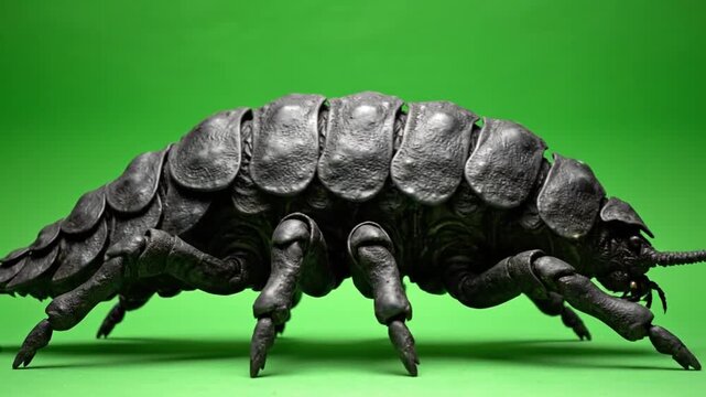 Close-up of a large dark segmented insect-like creature on a green background.