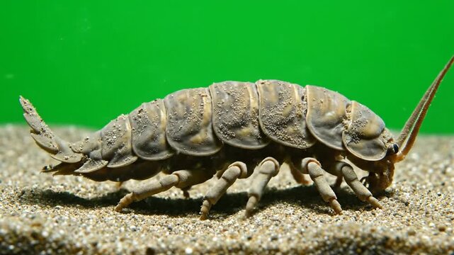 A close-up side view of a greyish-brown segmented aquatic isopod on a sandy substrate with a vibrant green background.