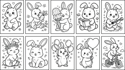 Fototapeta premium Cute bunny activities coloring pages set, adorable rabbit characters reading, playing guitar, riding bicycle, holding balloons, eating ice cream, kawaii animal line art collection for kids coloring.