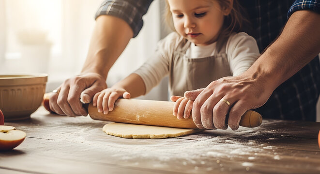 A young girl uses a wooden rolling pin to flatten pastry dough while her father guides her