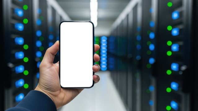 Holding blank smartphone screen in blurry server room technology background