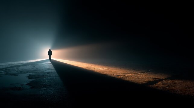 Person standing at a dark crossroads with one path in light and another in shadow, contemplative pose with surreal atmosphere and dramatic light and dark contrast symbolizing choice.