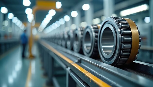 Line of industrial roller bearings on conveyor belt in factory. Metal components ready for machine assembly. Precision parts in production line.