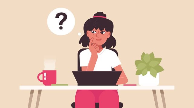 A woman working and thinking at a laptop. A remote worker, freelancer, or student asking a question. Concept of problem solving and question resolution.