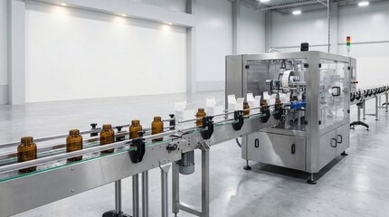 Automated cartoning machine packing amber glass supplement bottles into white boxes with blank background space.