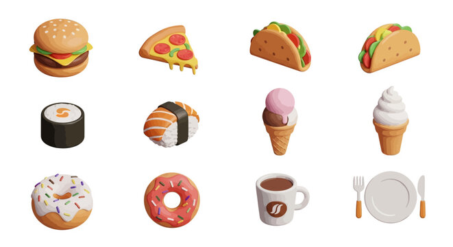 Set of assorted bakery and dessert foods with sweets, pastries, and candy in Easter eggs style illustration
