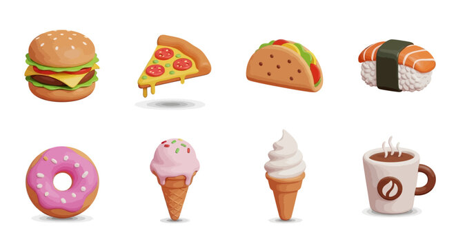 Easter themed food and dessert icon set vector illustration featuring easter eggs, fast food, drinks, and sweet bakery items
