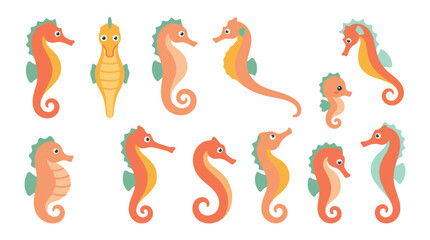A collection of adorable cartoon seahorses in various poses and sizes, showcasing their unique aquatic charm. © tr