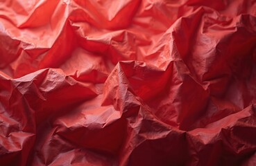 Close-up view of wrinkled red tissue paper. Material shows textured folds and smooth surfaces creating abstract patterns. Deep red color adds a bold visual element for backgrounds.