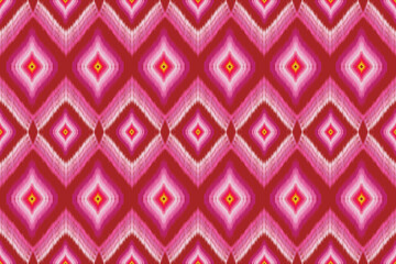 Fototapeta premium Pink and red geometric diamond ikat pattern with symmetrical repeating shapes, inspired by traditional woven textile design.