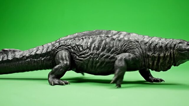 A dark, scaly reptilian creature model with four legs and a long tail, set against a vibrant green background.