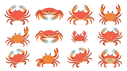 A collection of twelve cartoon-style illustrations of various crabs, each depicted with distinct colors and poses, set against a white background. © tr