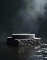 Fototapeta premium Natural stone podiums display products with dark moody background. Wet surface reflects light. Minimalist composition with smoke effect, clean background.