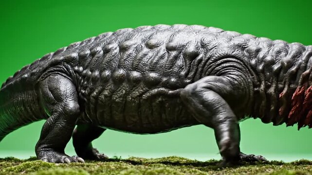 A detailed close-up of a prehistoric-looking creature with scaly skin and robust limbs, set against a vibrant green background.