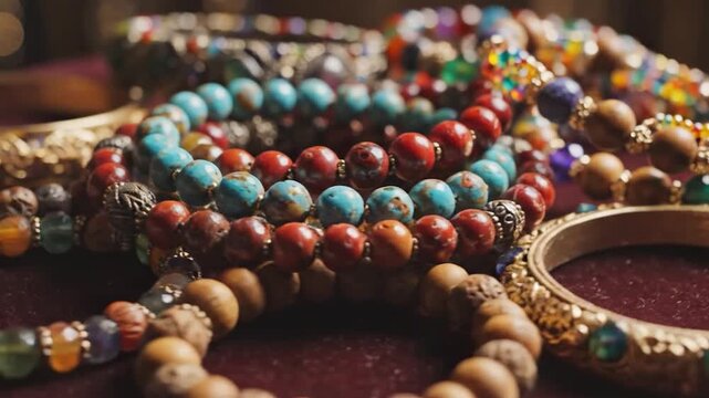 A vibrant collection of colorful beaded and l bracelets on a rich background.