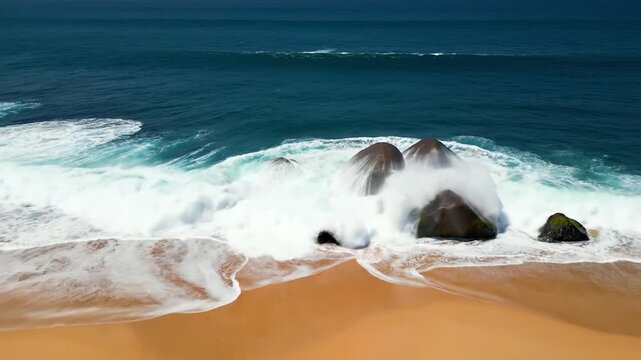 Powerful ocean waves crash against mossy s on a beautiful sandy beach