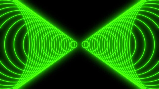 Green Glowing rings are oriented at a precise 45-degree angle, creating a dynamic sense of depth and symmetry. Perfect for technology presentations, music visuals, or high-tech background overlays.