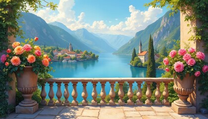 Fototapeta premium Balcony offers view of lake town and mountains. Potted roses frame scene with green vines. Sunny day over calm blue water and distant peaks. Beautiful architectural balcony setting.