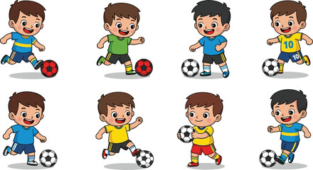 Fototapeta premium Cute Kids Playing Soccer Vector Set with Cartoon Boys Kicking Football Ball in Different Poses for Children Sports Activity Illustration Design