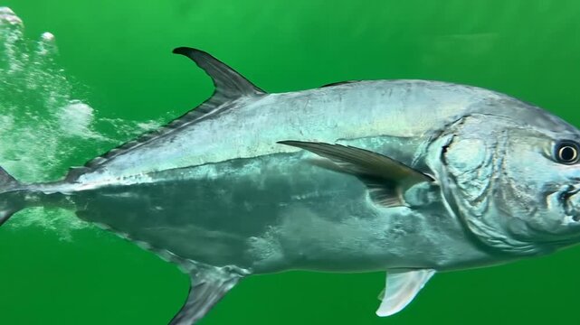 A large, powerful silver fish, possibly a trevally or jack, swimming underwater with bubbles against a vibrant green background.