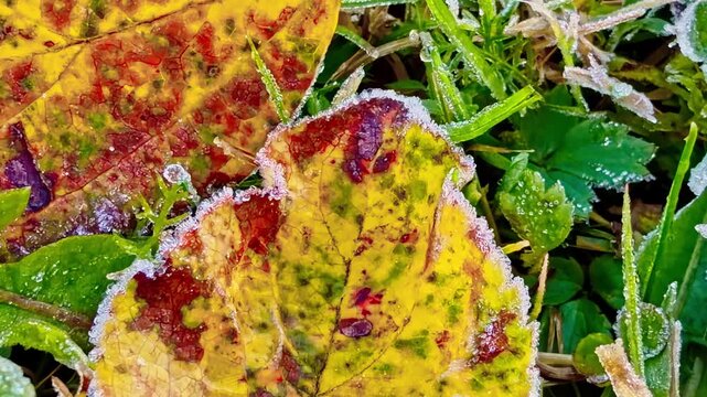 Frost-covered autumn leaves in Jelgava, Latvia, showcasing nature's beauty
