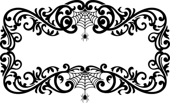 Halloween split monogram frame with spider web, ornate swirling decorative elements, fancy curls, line Calligraphy filigree scroll

