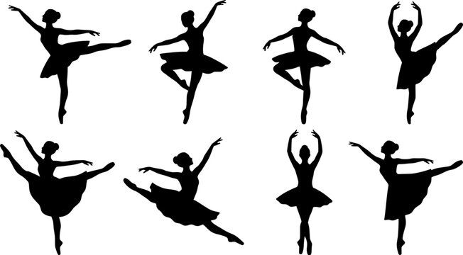 Black ballet dancer silhouettes in various poses white background
