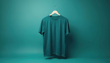 Naklejka premium Teal t-shirt hangs on wooden hanger. Plain short sleeve shirt displayed on solid color teal backdrop. Minimalist casual clothing item for everyday wear. Apparel industry product shot.
