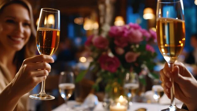 Two hands clink sparkling glasses in a celebratory toast