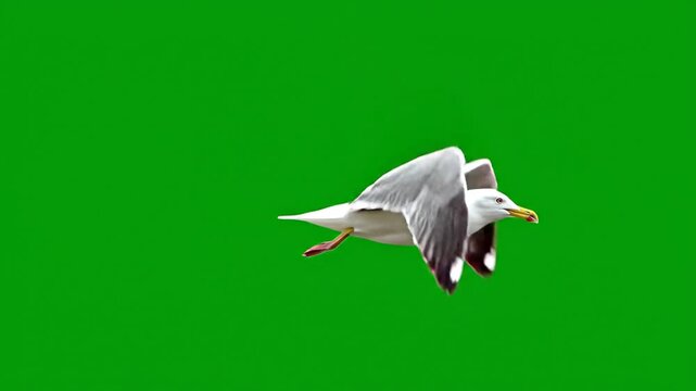 A seagull with white and grey feathers flying against a vibrant green screen background.