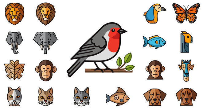 Collection of cute cartoon birds and animals vector illustration set featuring owl sparrow duck and other nature elements in doodle icon style