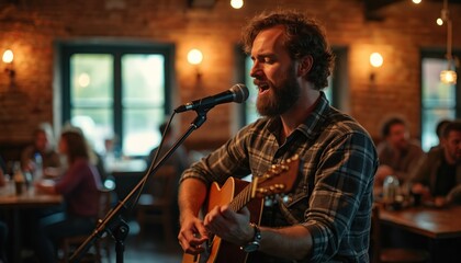 Fototapeta premium Man sings, plays acoustic guitar in cozy brick bar venue. People at tables listen, enjoy live music performance. Warm, relaxed ambience, casual gathering.