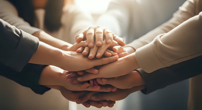 A group of diverse people stacking their hands together in unity and teamwork