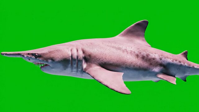 A unique goblin shark with a long, flattened snout and pinkish-grey skin swimming horizontally against a bright green screen.