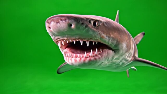 A menacing great white shark with its mouth wide open, displaying rows of sharp teeth against a vibrant green screen background.