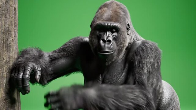A powerful silverback gorilla with dark fur and intense eyes leans against a tree trunk, set against a vibrant green screen background.