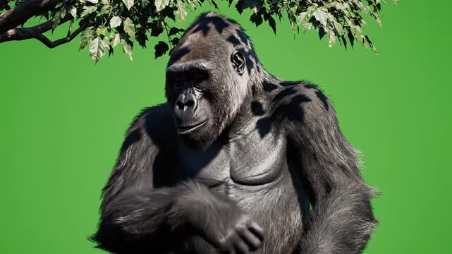 Majestic silverback gorilla standing against a vibrant green screen with natural leaves.