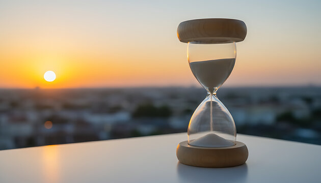 Hourglass with flowing sand against sunset sky background, time management and deadline concept, life passing by or countdown metaphor, sand clock for business productivity. Time, Life & Business Conc