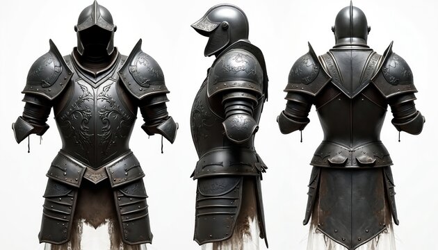 Detailed illustration shows front side and back views of broken medieval knight armor. Ornate metal suit with helmet breastplate and pauldrons. Historical warrior protection.