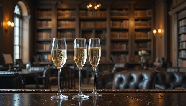  Elegant champagne flutes filled with a light-colored sparkling wine on a bar counter, with a blurred backdrop of a luxurious rooftop pool at sunset. Ratio 16:9, glamorous, resort, modern.
