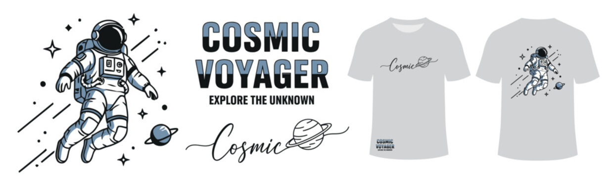 Astronaut floating in space, Cosmic Voyager graphic with planet and stars, t-shirt design concept